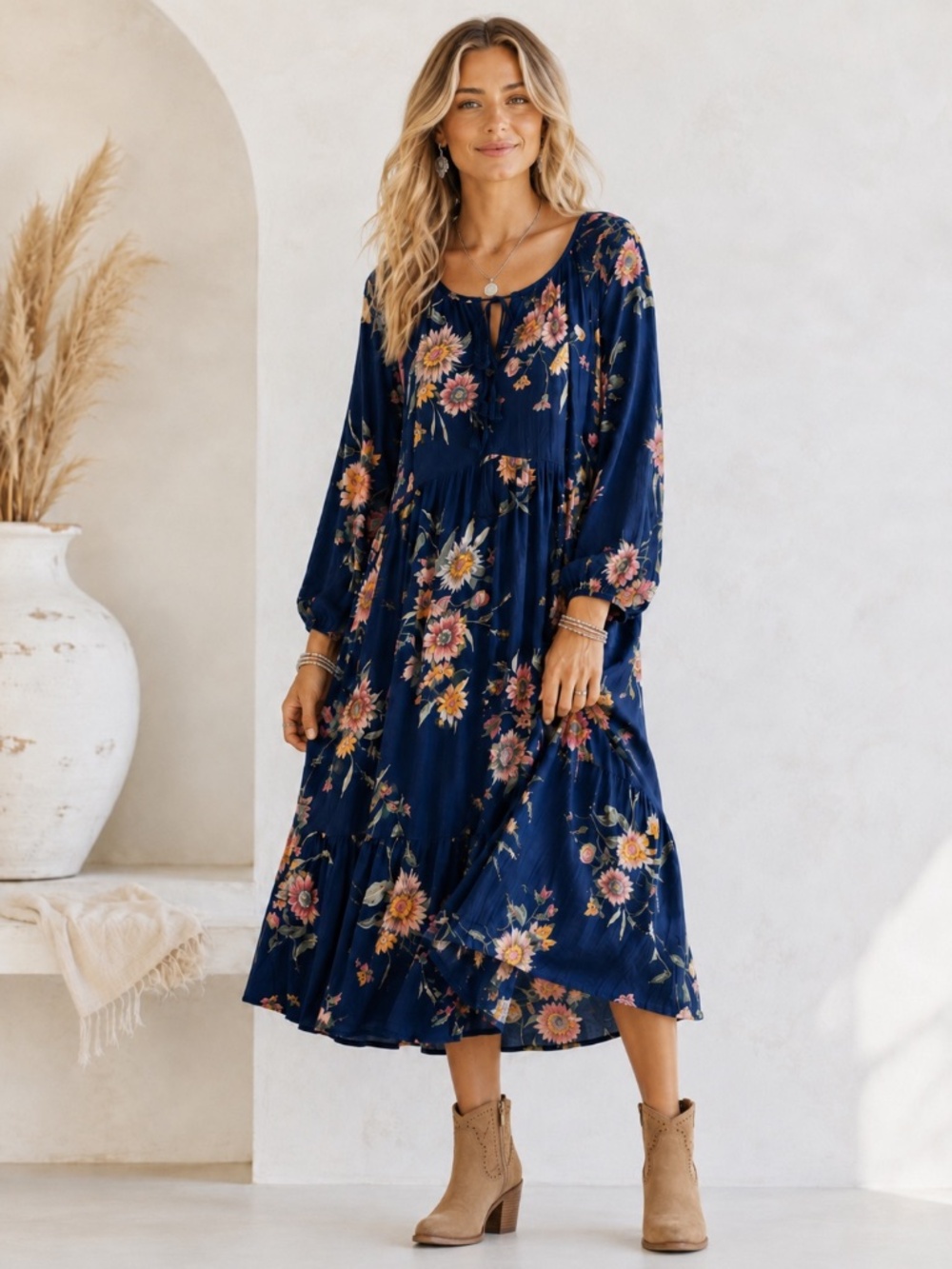 Old Navy Boho Cottagecore Peasant Style Whimsical Navy Floral Dress, Size XL - Picture 4 of 13